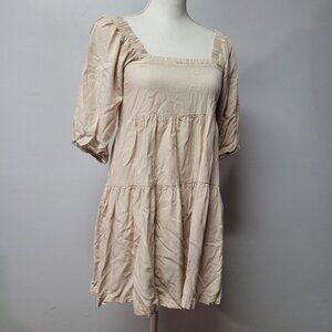 Beyond Words Dress Beige Square Neck Puff Sleeve Layers Tradwife Womens XS
